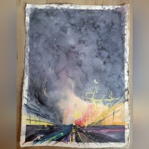 "Lights At Night" Original Unframed Watercolor 22in X 33in On Arches Paper